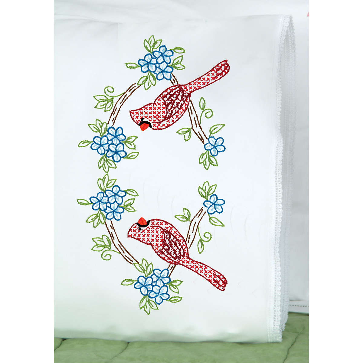 Jack Dempsey Stamped Pillowcases W/White Lace Edge 2/PkgCardinal, 1800