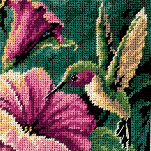 Dimensions Mini Needlepoint Kit 5"X5"Hummingbird Drama Stitched In