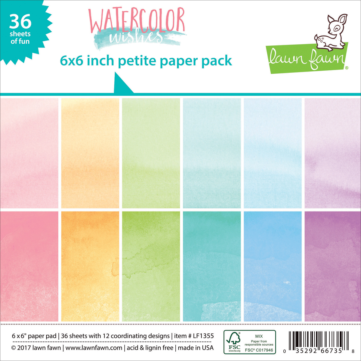 12 Desi Lawn Fawn Single-Sided Petite Paper Pack 6/"X6/" 36//Pkg-Watercolor Wishes