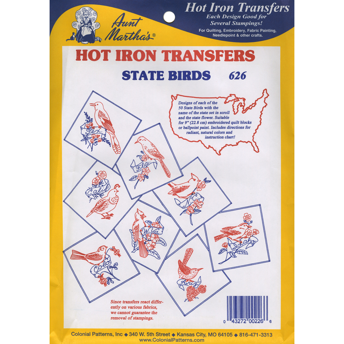 Aunt Martha's State Birds Iron On Transfer Pattern Collection, All 50