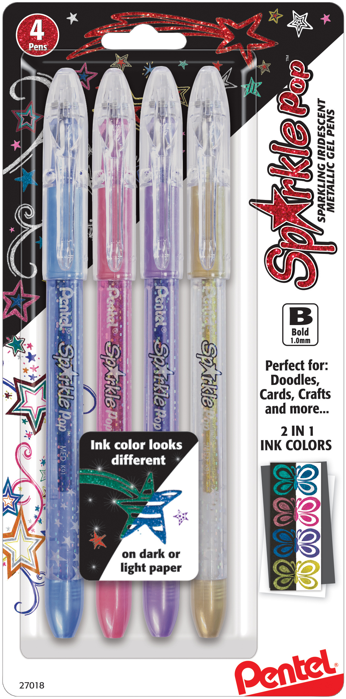 Pentel Sparkle Pop Metallic Gel Pens 1.0mm 4 Pkg-blue, Pink, Purple 