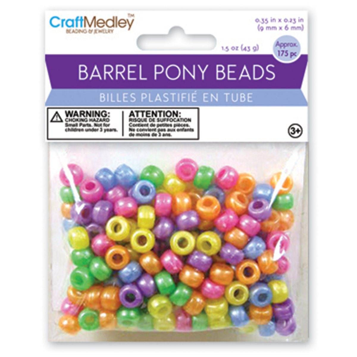 Barrel Pony Beads 6mmX9mm 175/Pkg-Pearlized Multicolor, BD23