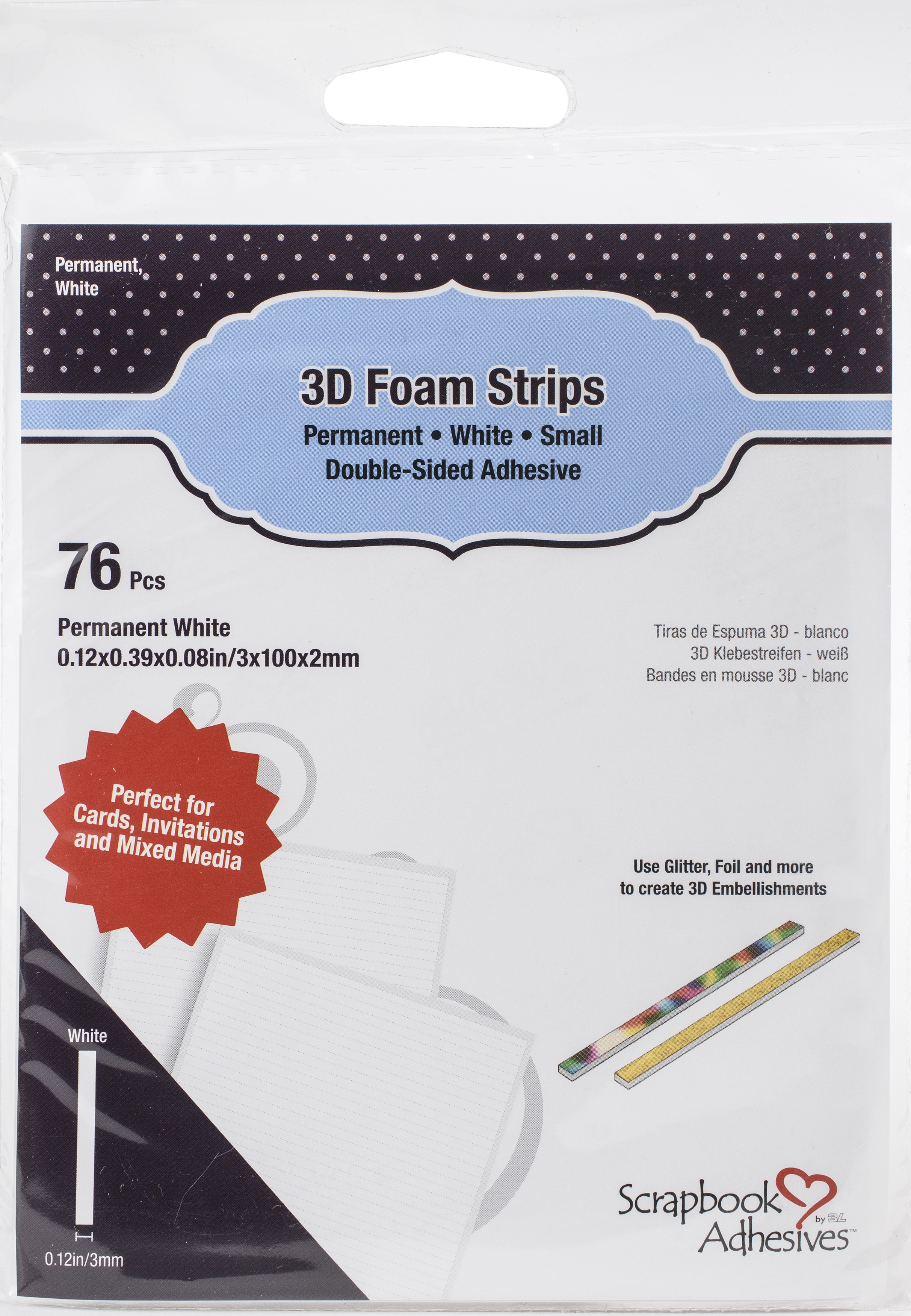 0.12"X3.93"X0.08" 3L Scrapbook Adhesives 3D Foam Strips 76/Pkg-White