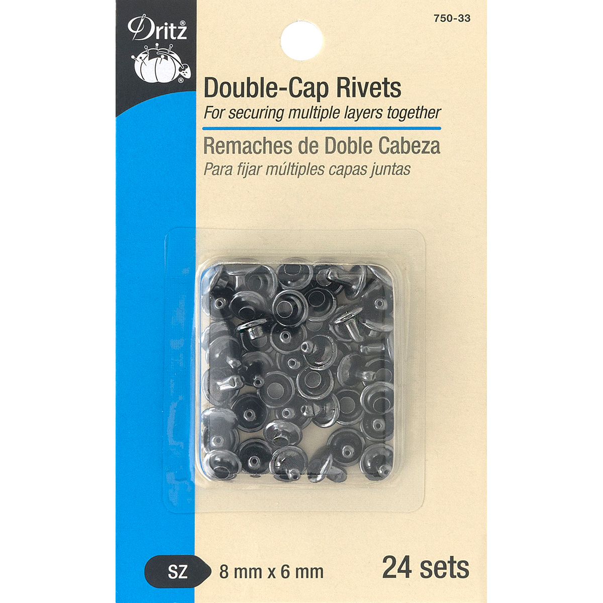 Dritz 75033 Double Cap Rivets 8mm X 6mm 24 Set Gunmetal for sale