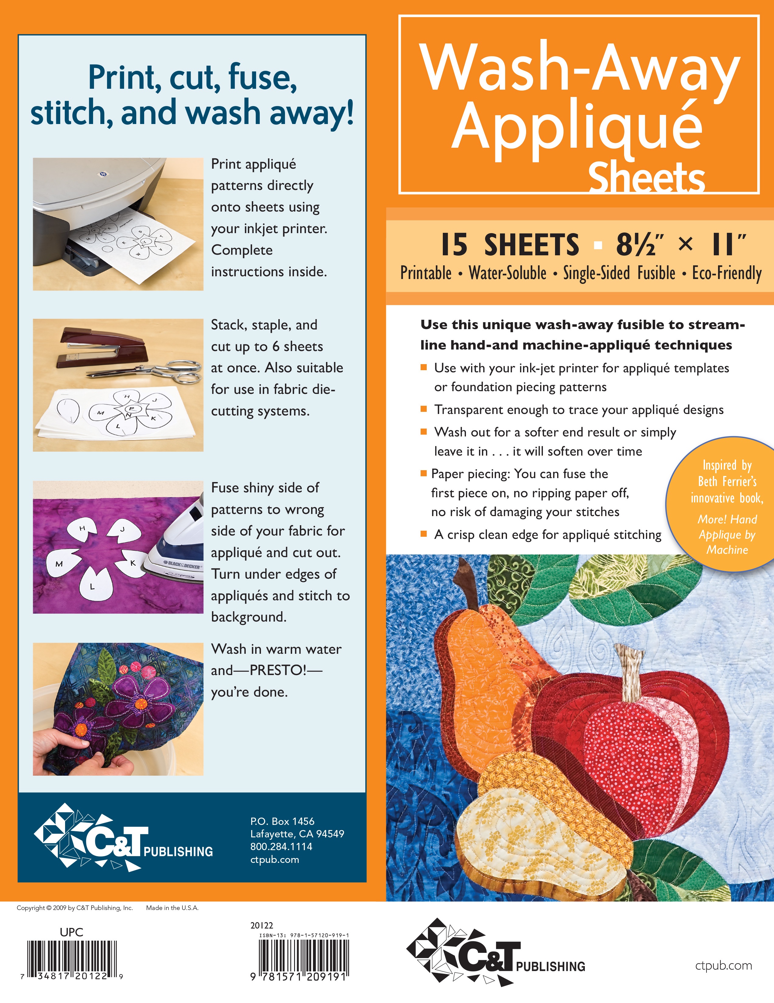 WashAway Applique Sheets Printable; Water Soluble; Single Sided
