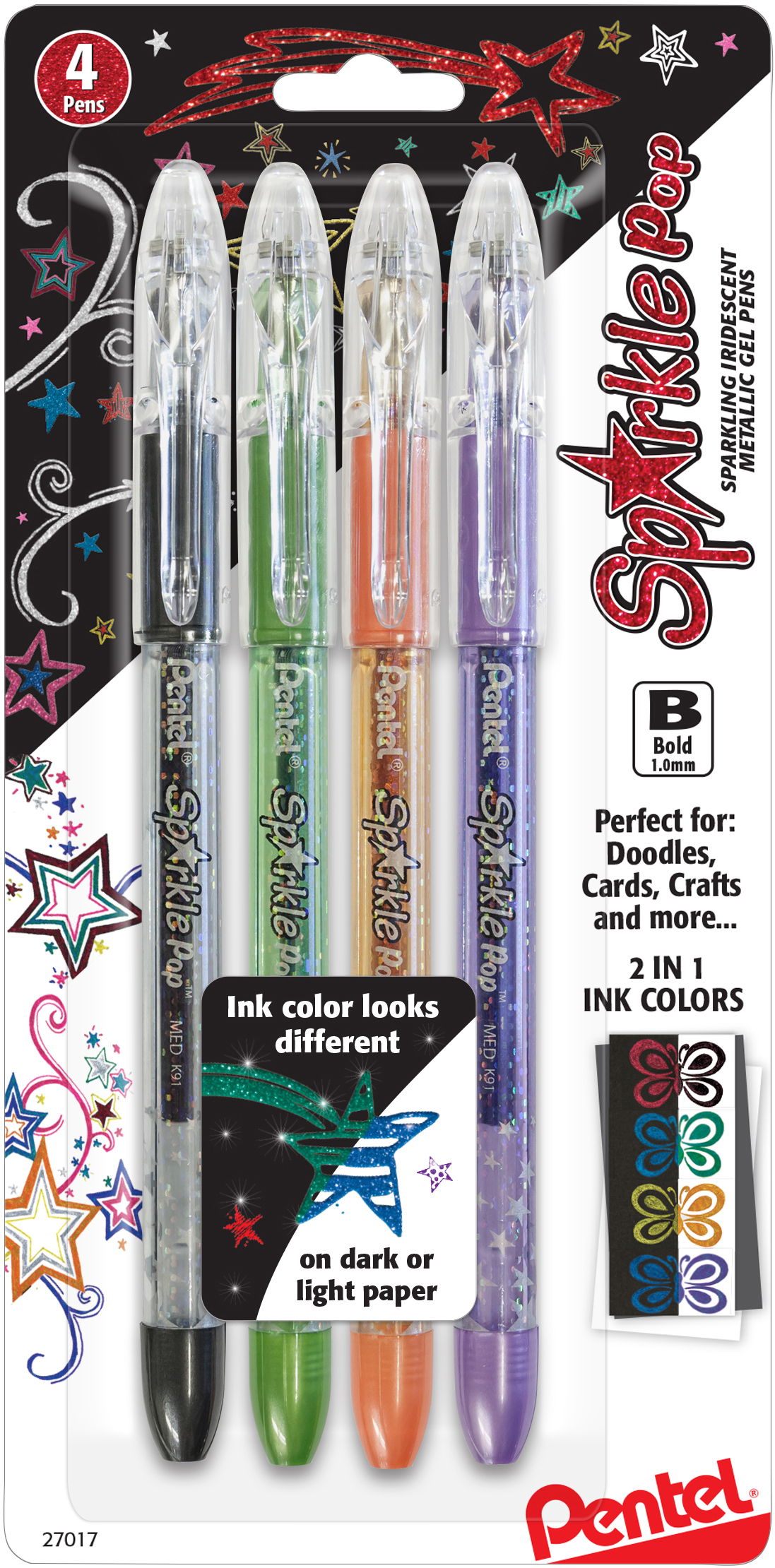 Pentel Sparkle Pop Metallic Gel Pens 1.0mm 4/Pkg-Black, Green, Orange ...